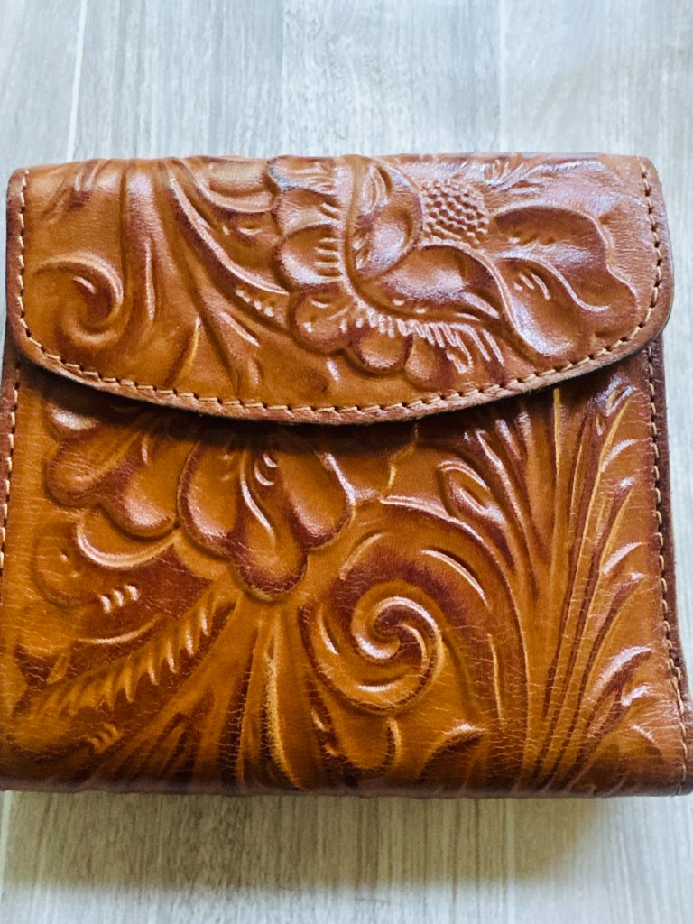 Patricia Nash Bifold Reiti Wallet Italian Floral Embossed Leather Cognac